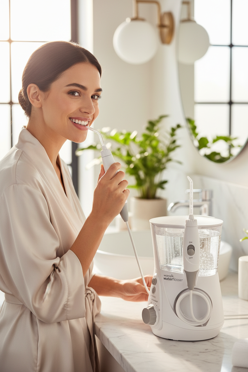 Glad kvinna som använder Waterpik