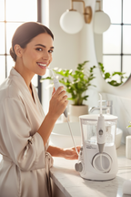 Glad kvinna som använder Waterpik