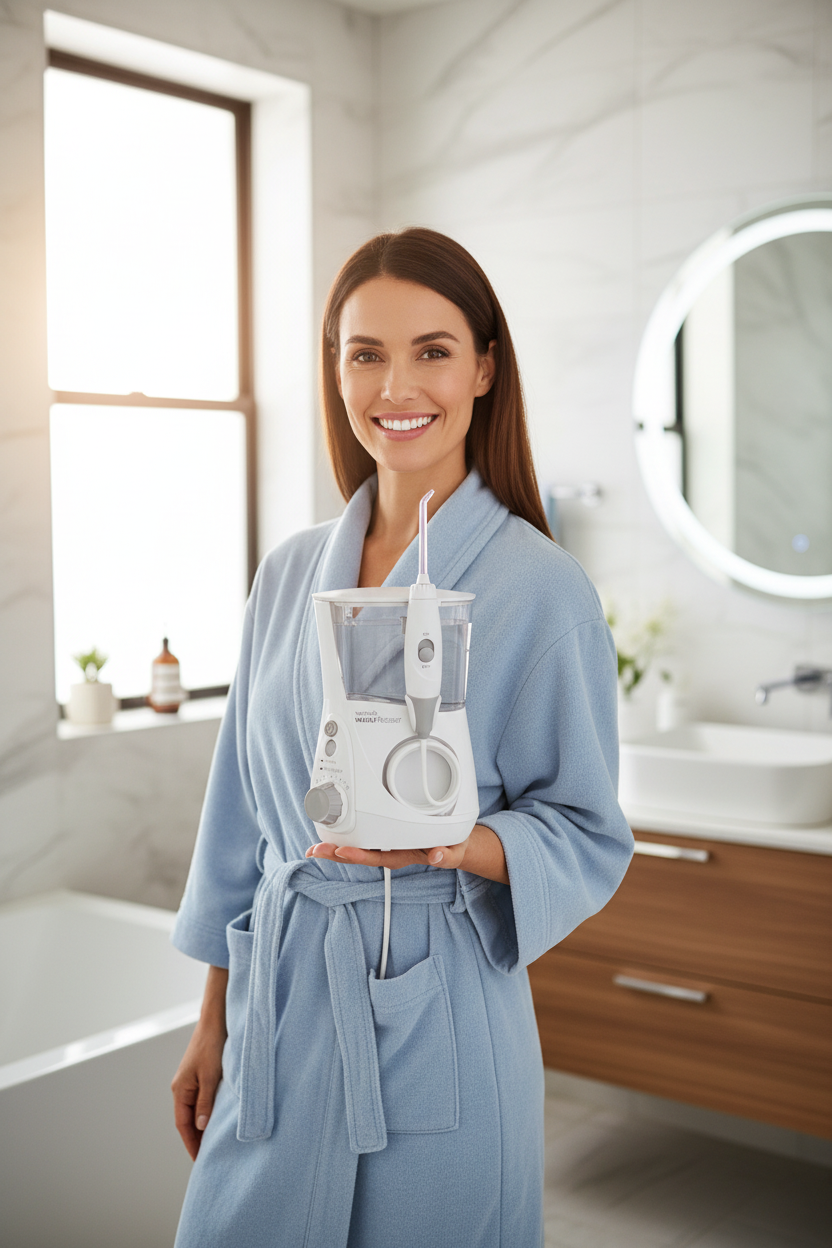 Glad person som håller Waterpik Ultra Professional