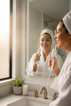 Glad person som använder Waterpik Water Flosser