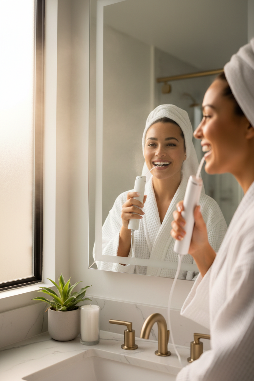 Glad person som använder Waterpik Water Flosser